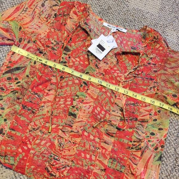NWT Walter Baker Sheer Ruffle Abstract Red green Boho Blouse Top Medium - Picture 5 of 8
